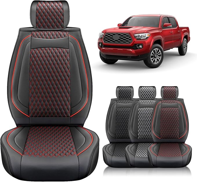 Seat Covers Front Set Compatible with Toyota Tacoma Custom 2009 to 2024 TRD Sport Off-Road TRD Pro Limited SR SR5 Package Access Double Extended Cab Pickup Truck Seat Cover (2Pcs Front Set,Black Red)