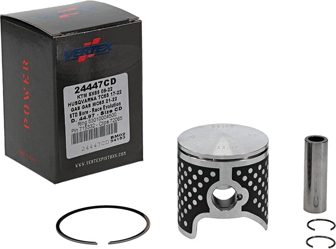 Vertex 24447CD Cast Race Piston Kit Compatible With/Replacement For KTM 65 SX 2009-2022, Husqvarna TC 65 2017-2022 45 mm Cylinder Diameter, 65 cc Displacement, 44.970mm Piston Diameter
