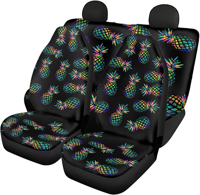 AFPANQZ Stylish Pineapples Car Seat Covers Full Set with Steering Wheel Cover/Gear Shift Knob Cover/Car Handbrake Cover/Seat Belt Shoulder Pads/Cup Holder Universal 11 Piece Gift Black Green