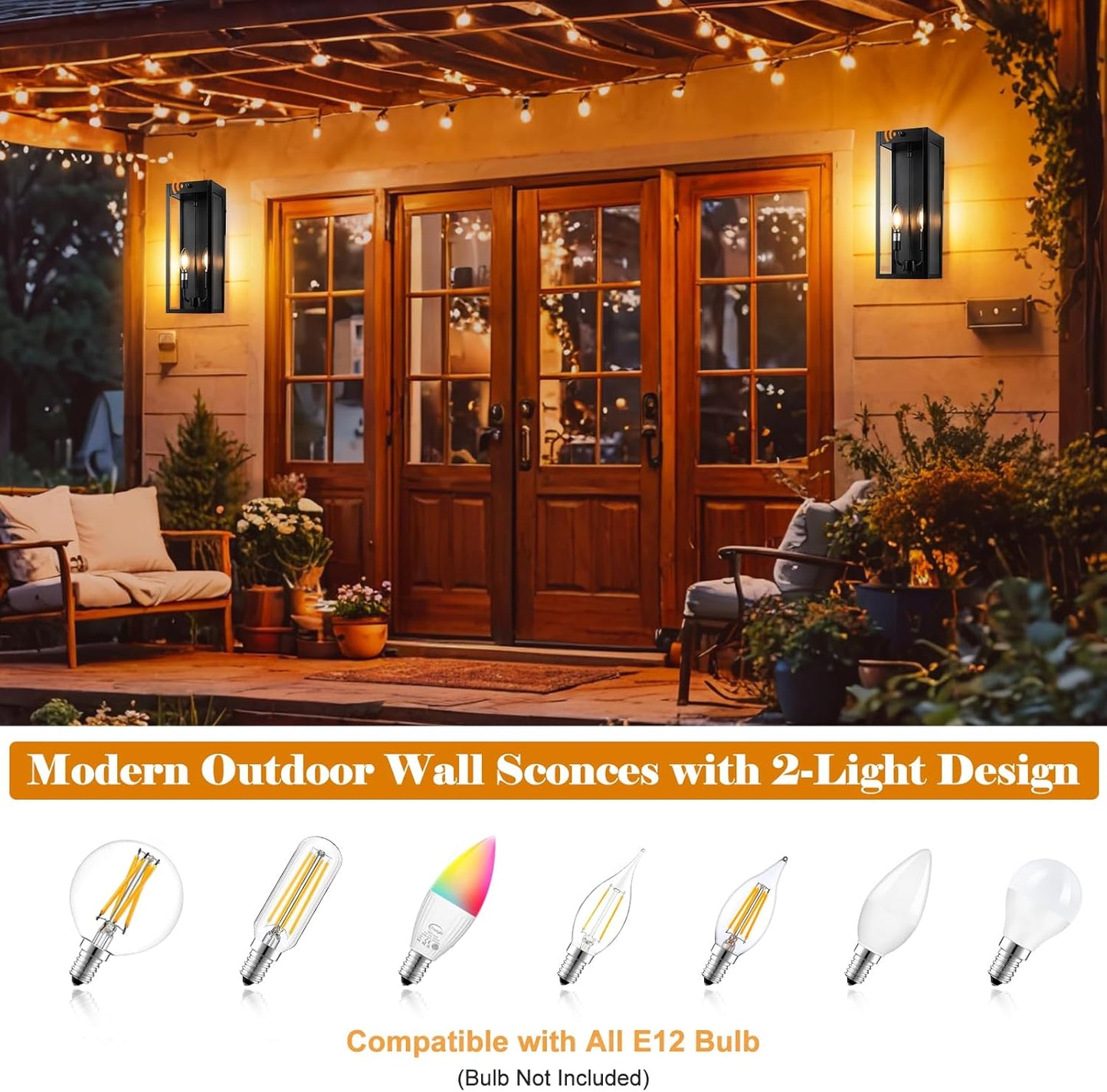 16” Dusk to Dawn Outdoor Lighting, 2 Pack Black Modern Porch Outside Lights for House 2-Light, Photocell Sensor Exterior Patio Coach Wall Lanterns Outside Garden Sconce Lamps Waterproof E12