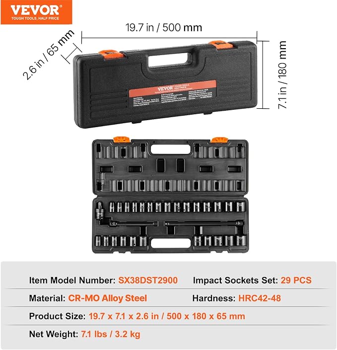 VEVOR 3/8" Drive Impact Socket Set, 29 Piece Shallow Socket Set SAE 3/8"-1" and Metric 8-22mm, 6 Point CR-V Alloy Steel for Auto Repair, Easy-to-Read Size Markings, Rugged Construction, Storage Case