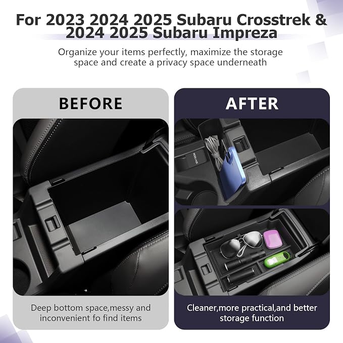 LUWU 2025 2026 Impreza Accessories Compatible with 2024 2025 2026 Subaru Crosstrek & Impreza Center Console Hanging Box, Armrest Storage Box Tray Organizer Insert Tray Black 2-Pack