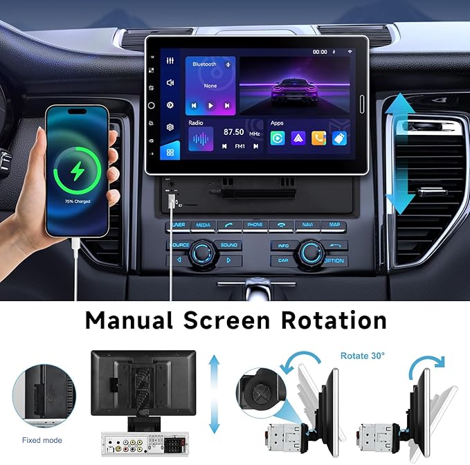 Single Din Car Stereo with Wireless Carplay Android Auto, 10.1-Inch Rotation Touch Screen with Bluetooth, FM AM RDS Radio, GPS, Mirror Link, SWC, EQ, Dual USB, AUX + Camera+MIC