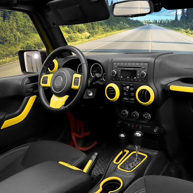 CheroCar 18PCS Interior Trim Kit for Jeep Wrangler JK JKU 2011-2018 4 Door,Steering Button Frame, Air Conditioning Vent Trim Cup Holder Cover,Gear Shift Knobs Frame,Yellow…