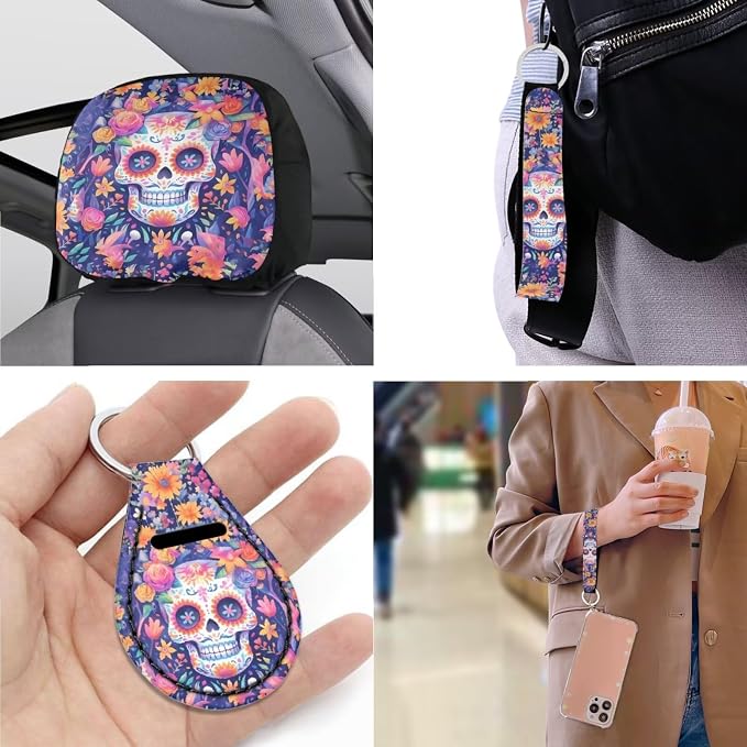 13 Pcs Skull Sunflower Universal Car Seat Covers Set Watercolor Skeleton Print Steering Wheel Cover/Cup Coasters Trucks Sedan SUV Cover Armrest Cushion Pad