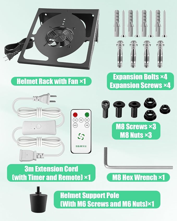 Motorcycle Helmet Dryer Wall Mount with Timer and Remote Control, Double Hooks for Hanging Coats Gloves Motorcycle Accessories, Helmet Rack Suitable for Most Helmets