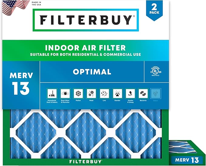 Filterbuy 21.5x21.5x1 Air Filter MERV 13 Optimal Smoke & Allergy Defense (2-Pack), Electrostatic Pleated HVAC AC Furnace Filters Replacement (Actual Size: 21.50 x 21.50 x 0.75)