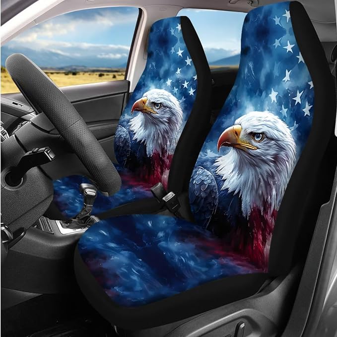Bulopur Eagle American Flag Car Seat Covers Full Set 14 Pack with Vehicle Steering Wheel Cover Automotive Armrest Cushion Pad Seat Headrest Covers Auto Seat Belt Pads Interior Accessories Set