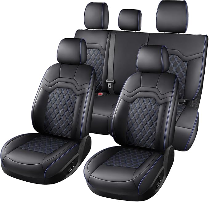 Huidasource Wrangler Seat Covers 4 Door 2007-2017, Front & Rear Airbag Compatible Leather Seat Cover for Jeep Wrangler JK Unlimited Sahara, Rubicon, Sport, Willys (Full Set/Black&Blue)