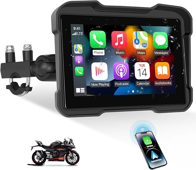 Motorcycle GPS Navigation System with Wireless Carplay Android Auto 5" Moto CarPlay Screen with Dual Bluetooth, Navigation/Siri/G00gle Assistant Waterproof