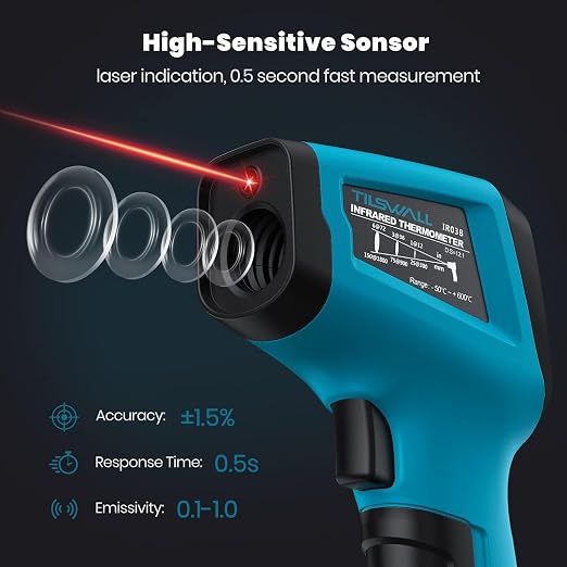 Tilswall Infrared Thermometer, Laser Temperature Gun, -50°C~600°C (-58F~1112F)with Adjustable Emissivity, for Cooking/Pizza Oven/BBQ/Vehicle Repair, Meat Thermometer included, Not for Human(blue),W301