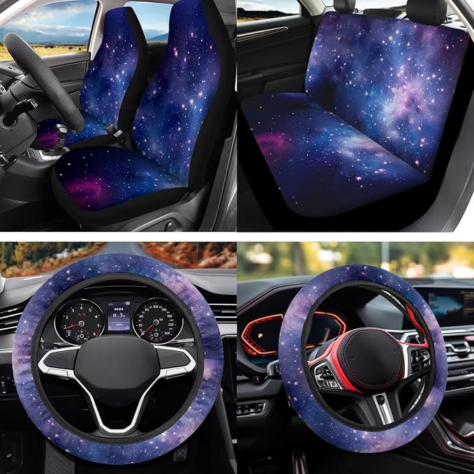 Purple Galaxy Car Seat Covers Set 12 Pcs with Steering Wheel Cover Seat Belt Cover Center Console Cover Keychain Holder Easy to Install Fit for Most Cars, SUVs