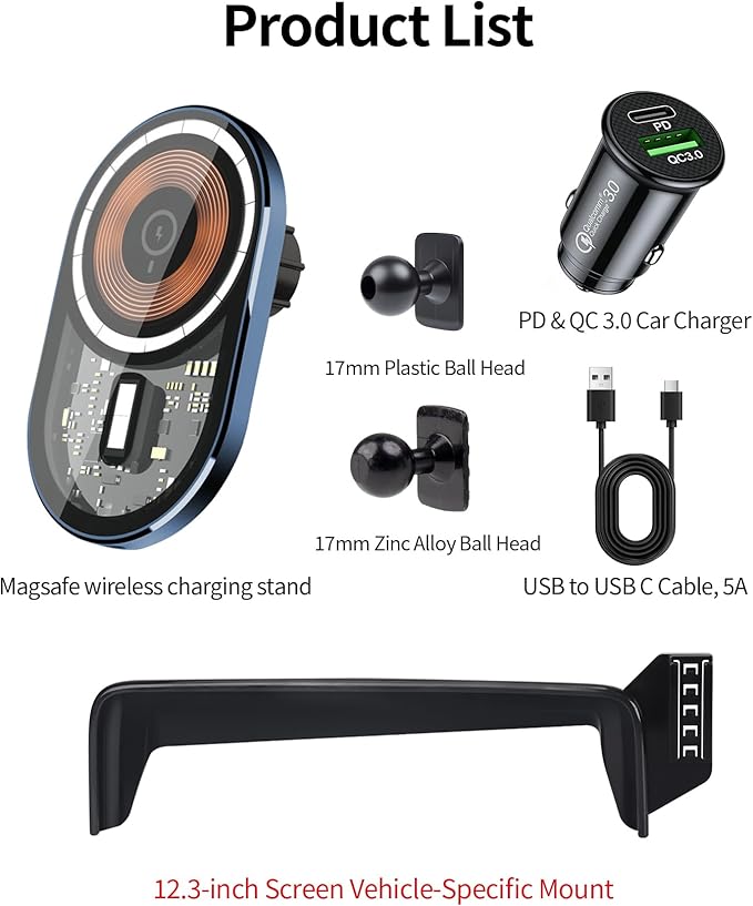 Wireless Charging Car Phone Holder for Mercedes Benz EQE Sedan/EQE SUV 2023-2025, 12.3" Screen Fixed Clip, 360° Rotation Car Phone Mount Compatible with MagSafe