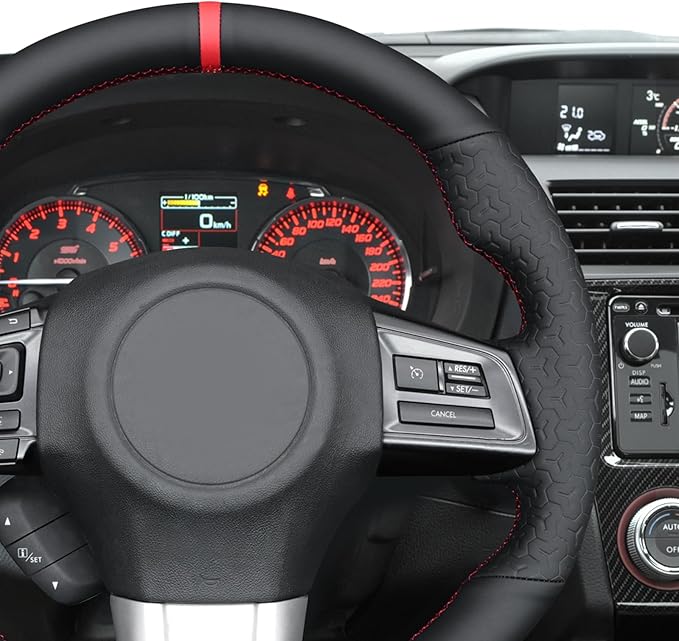 MEWANT Hand Stitch Black Smooth Geom Embossed Artificial Leather Steering Wheel Cover for Subaru WRX STI 2015-2021