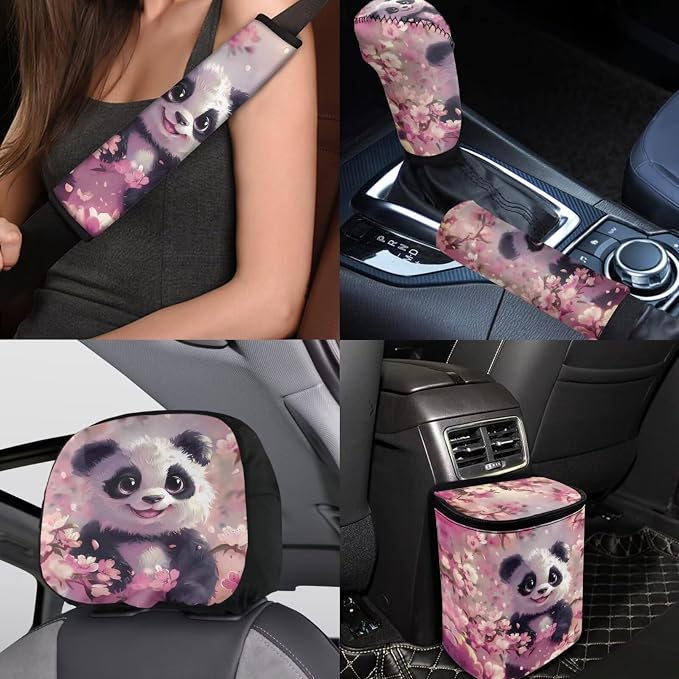 BIGCARJOB Cute Panda Print Car Seat Accessories Full Set 15 Pack Pink Panda Seat Cover for Cars Front and Rear Handbrake Cover,Headrest Pillow Cover,Seat Belt Pads,Universal Fit