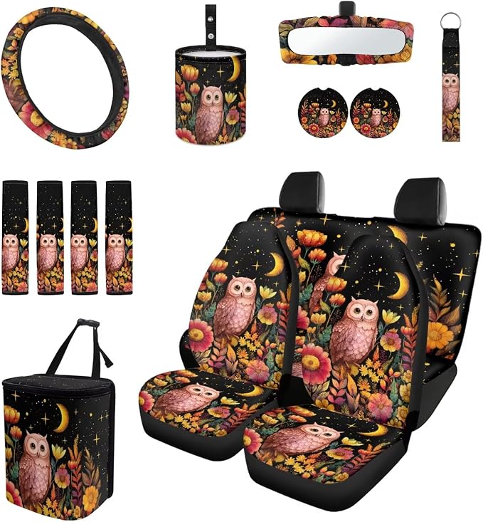 Moon Floral Owl 15Pcs Car Seat Cover Full Set Car Steering Wheel Cover Seat Belt Cover Trash Bin Front Rear View Mirror Car Cup Holder Keychain