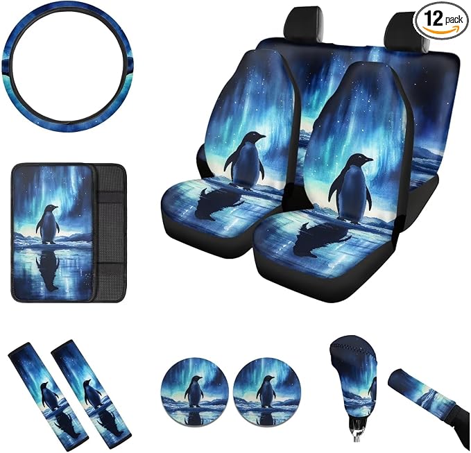 12 Pcs Car Interior Accessories Cover Set, Front Rear Seat/Steering Wheel/Auto Seatbelt/Coasters/Car Center Console Pad Covers 2025 Trendy, Penguin Polar Lights
