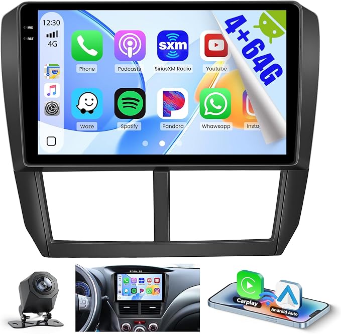 Hikity 4+64G Car Radio Stereo for Subaru Forester Impreza WRX 2008-2012 Radio with 9 Inch Touch Screen, Carplay/Android Auto GPS Navigation/Mirror Link/Hi-Fi/Bluetooth+AHD Backup Camera