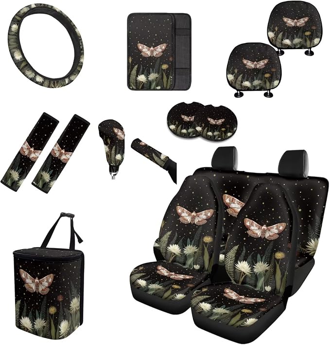 Teal Moth Moon Car Seat Covers Full Set 15 Pcs Universal Car Accessories Steering Wheel Cover Seat Belt Pads Garbage Bag Car Headrest Pillow Covers Armrest Pad