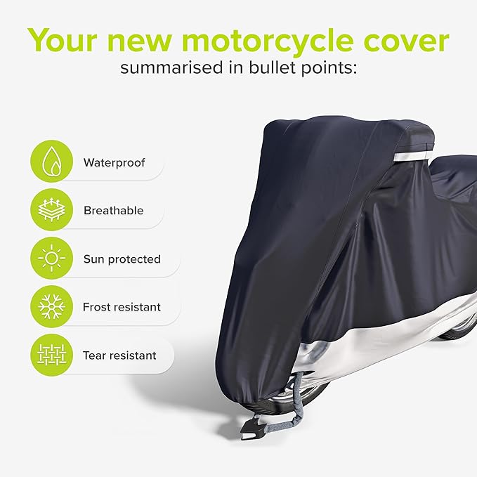 VELMIA Motorcycle Cover Extremely Heat Resistant up to 550 F I High Standard Motorcycle Cover Waterproof Outdoor for All Seasons, Motorcycle Storage, Scooter Cover, Moped Cover, Harley Cover