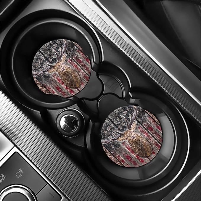 Xoenoiee 11 Pack Hunting Deer Camo American Flag Print Auto Accessories Car Seat Covers Full Set for Front & Rear Seat, SUV Car Steering Wheel Cover, Seat Belt Cover, Cup Coasters, Key Chains