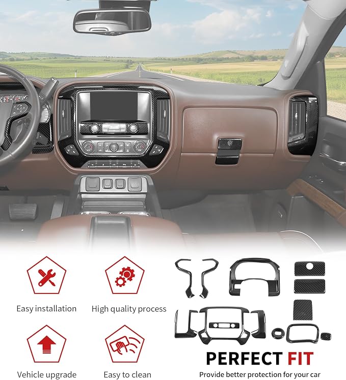 JWWY Interior Trim Kit Compatible with 2014–2017 Chevy Silverado & GMC Sierra, Center Console Dashboard Passenger Side Glove Box & Push Start Button Cover Trim Accessories Carbon Fiber 15pcs