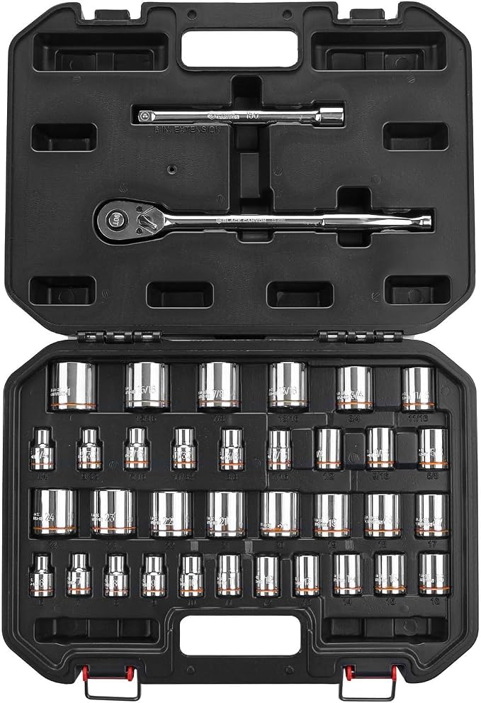 BLACK CANYON 3/8 in Socket Set 36 Piece, Standard Drive Socket Set, 6-Point Metric/SAE, Premium Cr-V Steel Chrome Finish with 90-Tooth Ratchet & Heavy-Duty Case