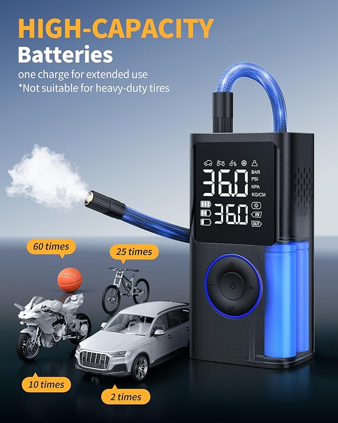Powools Tire Inflator Portable Air Compressor, 150 PSI Cordless Bike Pump, Air Pump for Auto, Motorcycle, Bicycle, Balls with Pressure Gauge, LED Light & Car Accessories, Blue, Standard Capacity