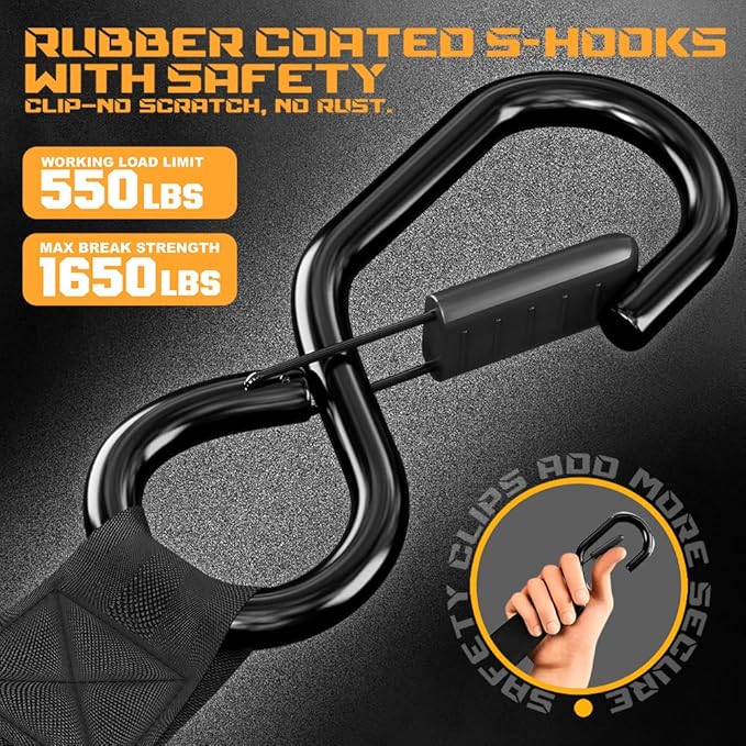 Retractable Ratchet Straps(4 PK)- 1 Inch x 10 Feet (1,650lb Break Strength)-Self Retracting Tie Down Straps for Motorcycle, ATV, Truck, Cargo, Appliance & More -Black + 4 PK Soft Loops