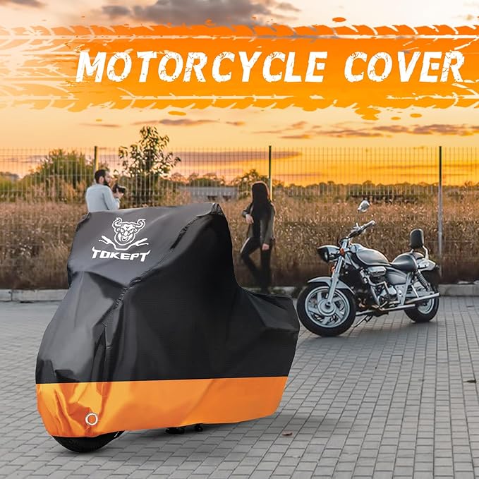 Motorcycle Cover, All-Season Waterproof Outdoor Sun Protection Fit up to 116 Inch Harley-Davidson Honda Suzuki Kawasaki Yamaha (XXXL Black&Orange)