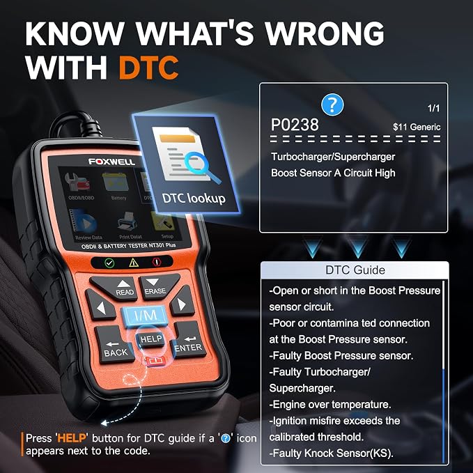 FFOXWELL NT301 Plus 2 IN1 OBD2 Scanner Battery Tester and 16pin OBD2 Extension Cable Scan Tool Battery Charging Cranking Test, Check Engine EVAP Check