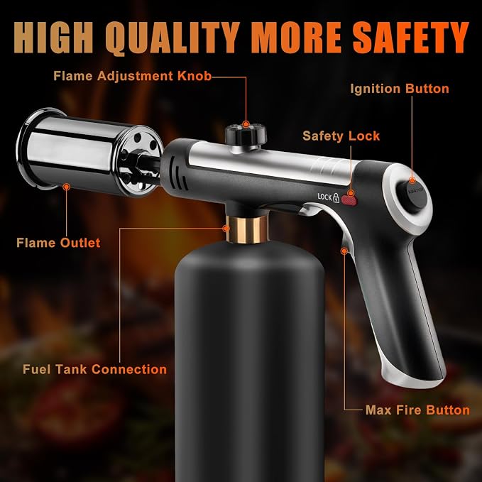 Torch Gun with One-Touch Max Fire, Flame Thrower with Safety Lock, Blow Torch Gun for BBQ, Grill, Charcoal Lighter, Cooking Flamethrower for Camping, Outdoors (Tank Not Included)