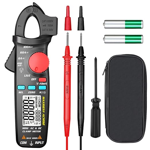 DC AC Clamp Meter 6000 Counts True RMS Digital Multimeter Amp Resistance Frequency Live Check V-Alert Continuity Voltage Tester with Back Clip