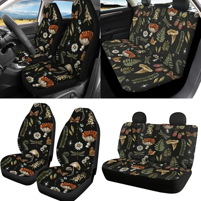 Mushroom Car Seat Covers Full Set of 12 Pcs,Retro Mushroom Auto Steering Wheel Cover/Seatbelt Pad/Armrest Cushion/Coaster/Keychain Universal Auto Interior Protector Accessory