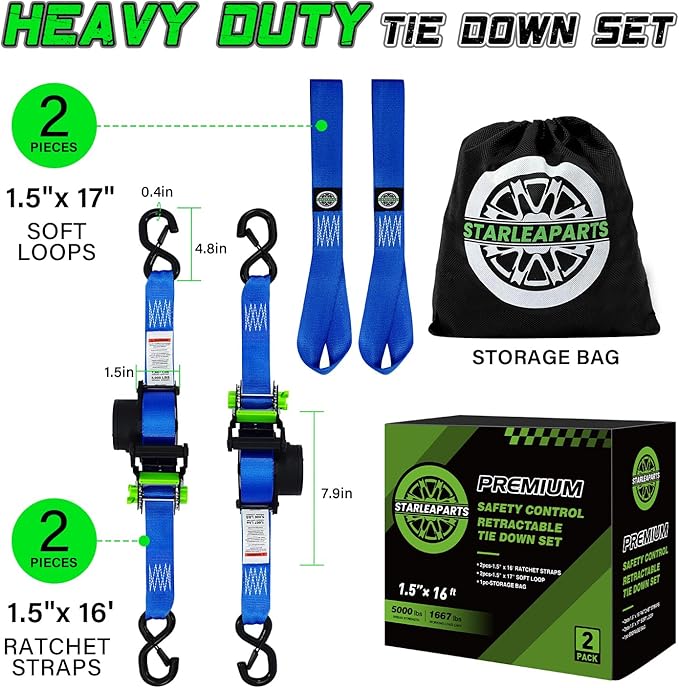 Retractable Ratchet Straps (2pk) -Patented | 1.5 in x 16 ft Heavy Duty Auto Ratchet Straps with Soft Loops | Perfect Automatic Tie Downs for Motorcycle,Kayak and Truck | Break Strength 5,000LBS/2268KG