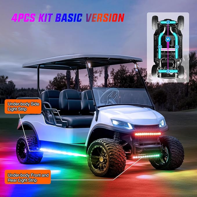 Nilight 4PCS Golf Cart Underglow LED Light Strip Dream Color Multi-Mode Neon Accent Lighting Kit APP and Remote Control Sound Active Music Sync IP67 Waterproof 12V-66V Input for EZGO Yamaha Club Car