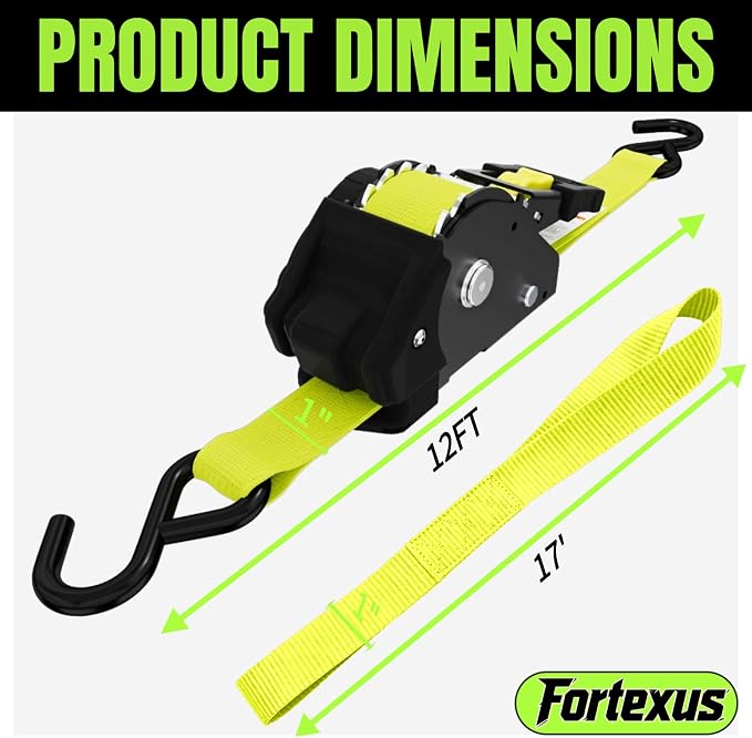 Retractable Ratchet Straps, 4-Pack, 1 Inch x 12 Feet, 1,760lb Break Strength, Self Retracting Tie Down for Truck, Cargo Trailer, Motorcycle, ATV, UTV (Yellow, 4pack)