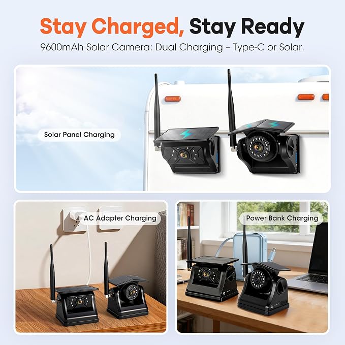 2 Solar Magnetic Wireless Trailer Camera System, 7" IPS DVR Screen + Solar Powered Night Vision Rear Camera, 100% No Wiring Waterproof Backup Camera System for RV Truck Trailer Hitch, BS2