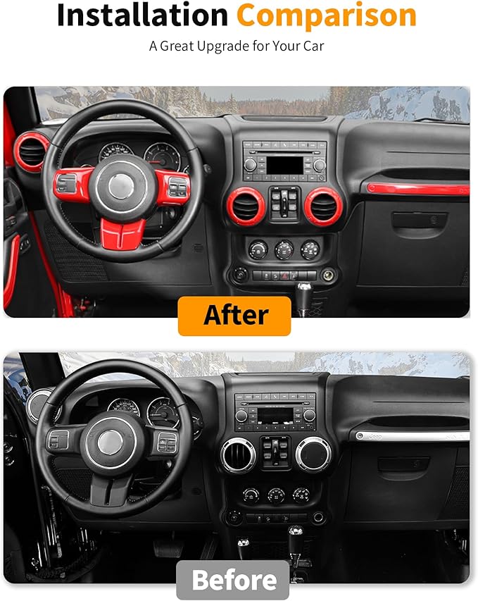 Hoolcar Steering Wheel Cover Gear Shift Panel Trim Cover Water Cup Holder Cover Kit Interior Accessories Kit Fit for Jeep Wrangler JK JKU 2011-2018, 4-Door, Red