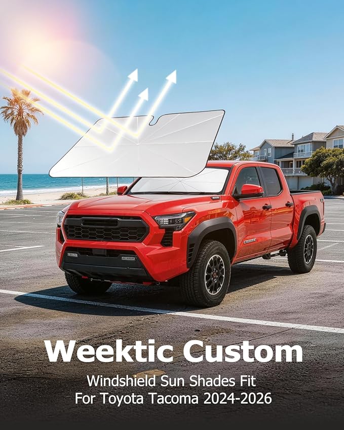 Weektic Custom Windshield Sun Shade Umbrella for Toyota Tacoma 2024-2026, [Double Thickened Ice Crystal Coating] Sun & Heat Protection, Keep Vehicle Cool & Protect Interior