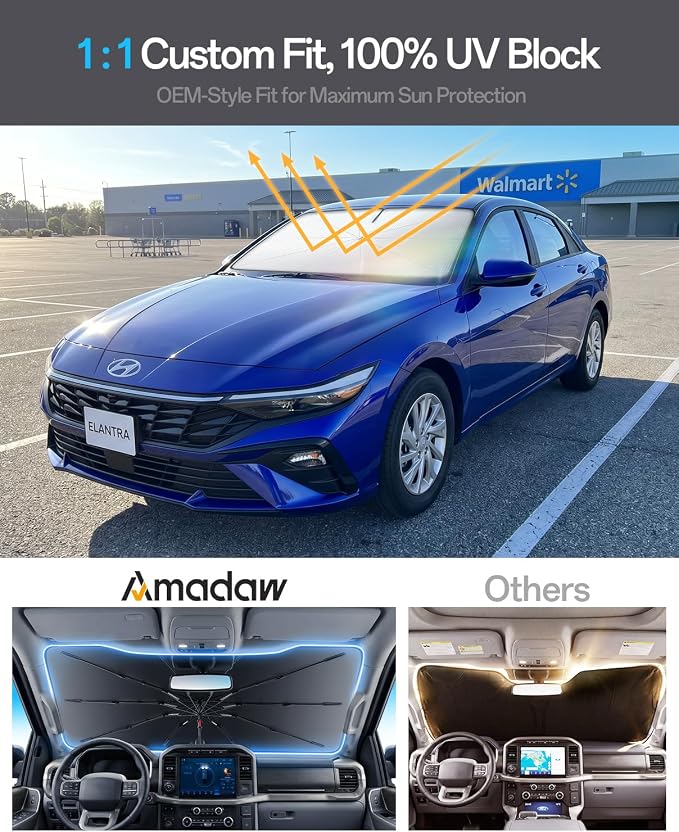 Windshield Sun Shade for Hyundai Elantra/Sonata 2000–2026, Foldable Umbrella Sunshade with 100% UV Block, Multi-Layer Heat Insulation, Reinforced 10-Rib Frame, Keeps Car Cooler