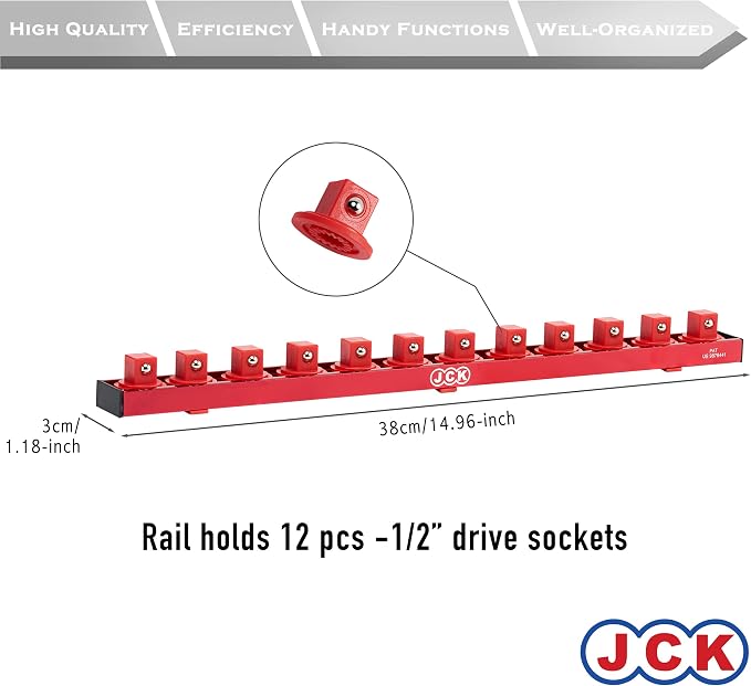 JCK Professional Quality Aluminum Socket Organizer (1/2" Socket) with special designed strip & 360 degree rotary positioning studs Red for Metric/Imperial tool Organizer secure socket storage toolbox