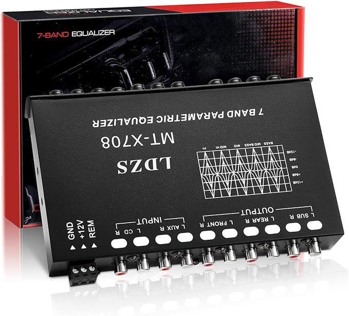 Facmogu 7-Band Car Audio Equalizer, Adjustable 7 Bands EQ Car Amplifier Graphic Equalizer with CD/AUX Input Select Switch, Front/Rear + Sub Output, for Boat RV RTV Motorcycle Car Stereo Tone Control