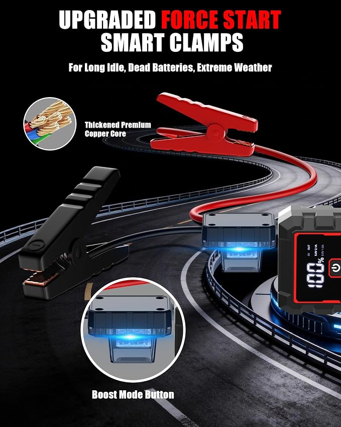 5000A Jump Starter Car Jumper Starter Portable Battery Booster Pack Jump Box with LED Display, LED Light and Jumper Cables(10.0L Gas and 10.0L Diesel)