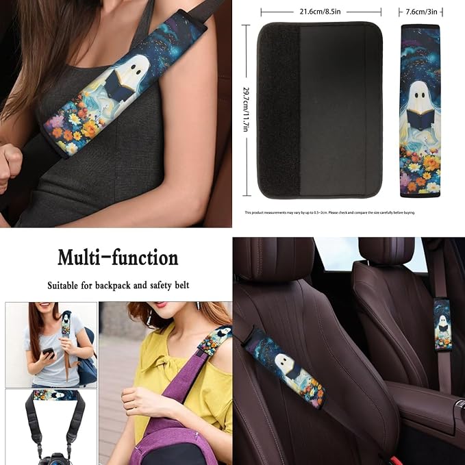 White Ghost Flower Print Car Seat Covers Full Set with Car Steering Wheel Cover, Auto Armrest Pad Protector, Auto Seat Belt Pads, Halloween Automitive Decorations