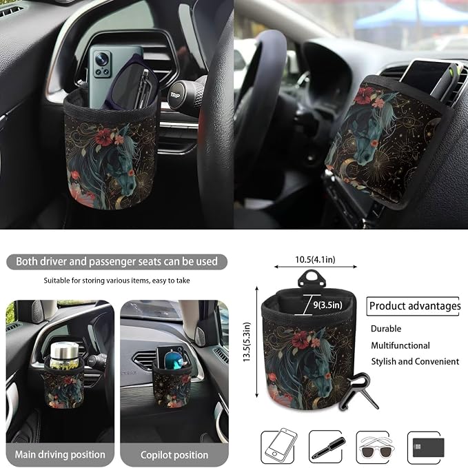 Horse Hibiscus Moon Star Pattern Print 10 Pack Car Accessories, Front and Rear Seat Covers Car Trash Bin Steering Wheel Cover Cup Holders Keychain Air Vent Storage Bag Car Interior Decor