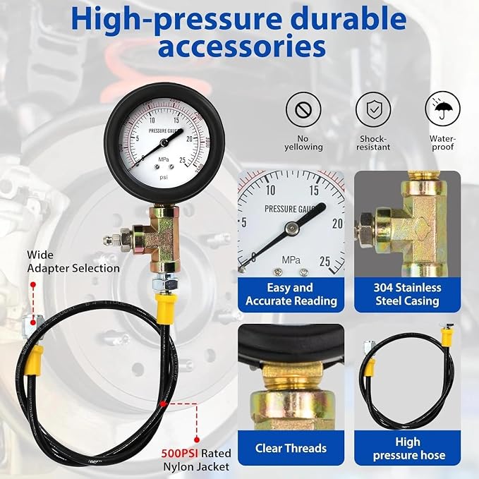 Brake Pressure Tester, Universal Brake Pressure Gauge, 0-3500PSI ABS Hydraulic Oil Pressure Gauge Kit, Brake System Test Diagnostic Tool for Gasoline Car