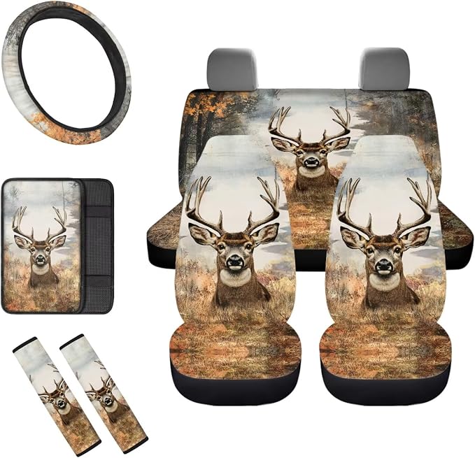 8 Pcs Camo Hunting Deer Car Seat Covers Full Set Car Accessories for Women Front Seat Cover Steering Wheel Armrest Cover Seat Belt Cover for Auto SUV Interior Decoration