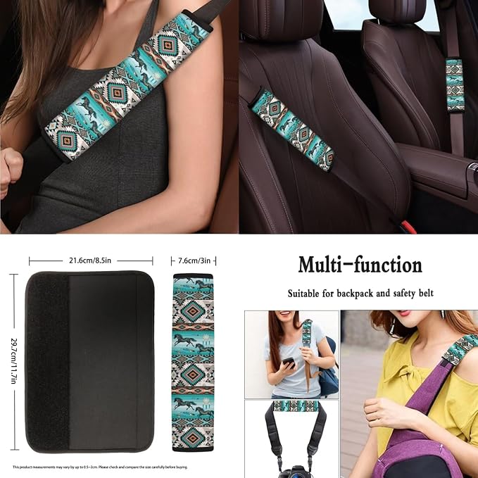 POLERO Western Aztec Horse Car Seat Covers Full Set 11 Pcs, Steering Wheel Cover Seatbelt Covers Coasters Keychain, Vintage Interior Accessories Universal Fit for Women Men