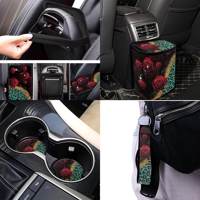 Leopard Print Car Seat Covers Full Sets with Front and Split Rear Bench,Red Rose Car Accessories Set 17 Pack,Leopard Print Vehicle Interior Set Decor with Headrest Covers,Car Seat Belt Cover